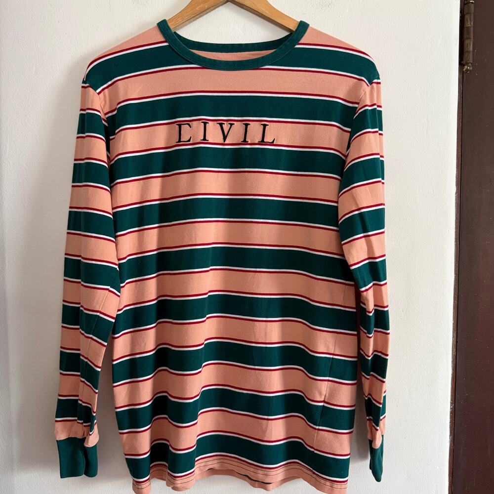 CIVIL REGIME Green and Pink Long Sleeve Crew Neck Tee Spell out logo Medium